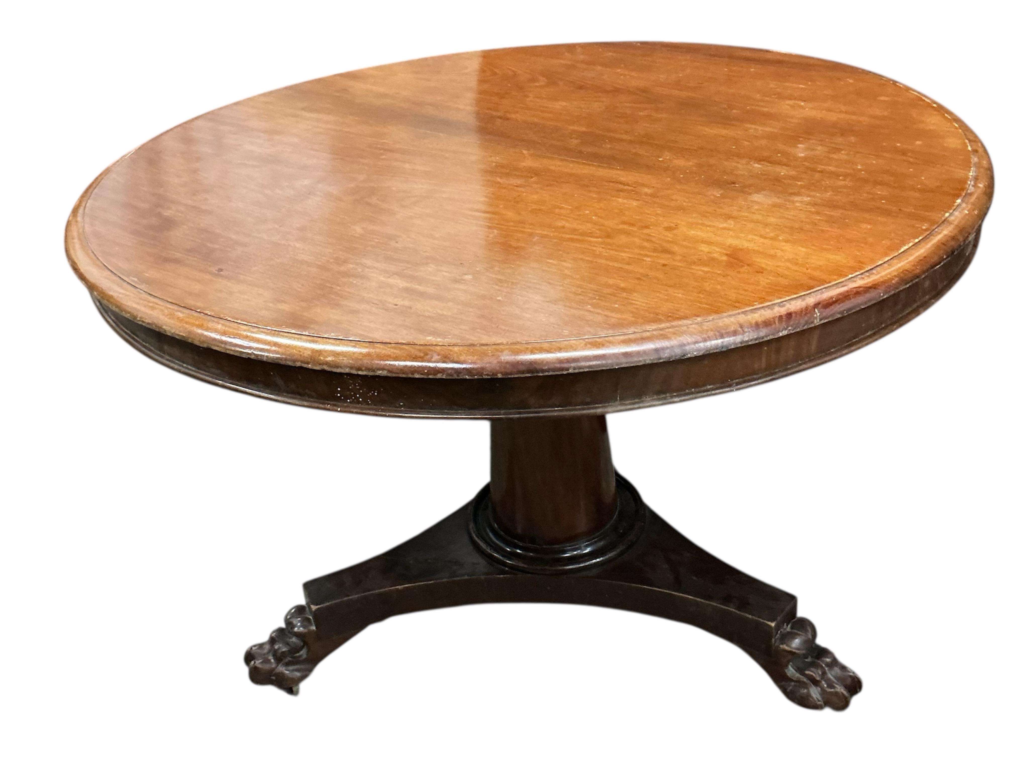 A Victorian circular mahogany tilt top breakfast table, diameter 110cm, height 72cm